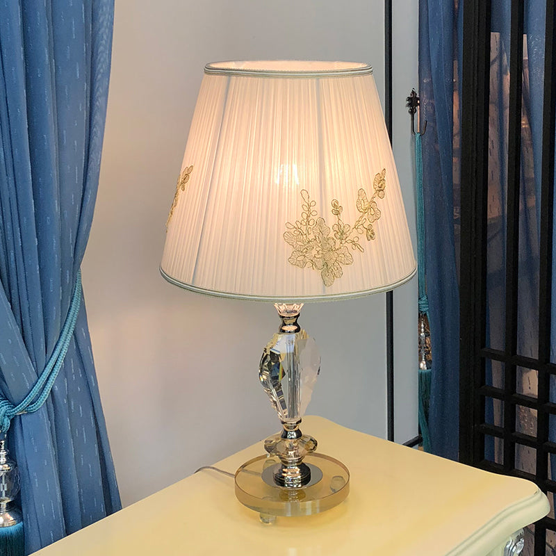 Lámpara de lectura simple en forma de rombo Cristal transparente 1 mesa de noche de cabeza en blanco con sombra de tela cónica