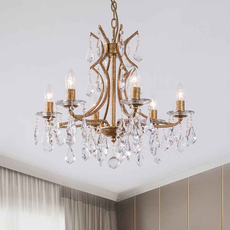 Goud 6 bollen kroonluchter verlichting vintage gefacetteerd kristal single -lagen plafond hanglampje met bobeche