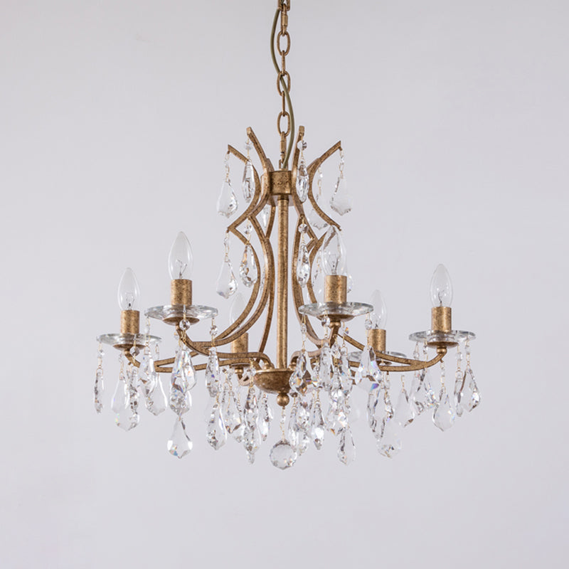 Goud 6 bollen kroonluchter verlichting vintage gefacetteerd kristal single -lagen plafond hanglampje met bobeche