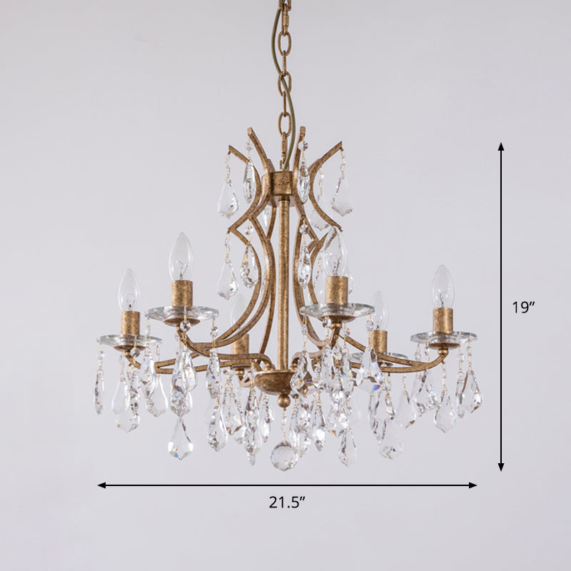 Goud 6 bollen kroonluchter verlichting vintage gefacetteerd kristal single -lagen plafond hanglampje met bobeche