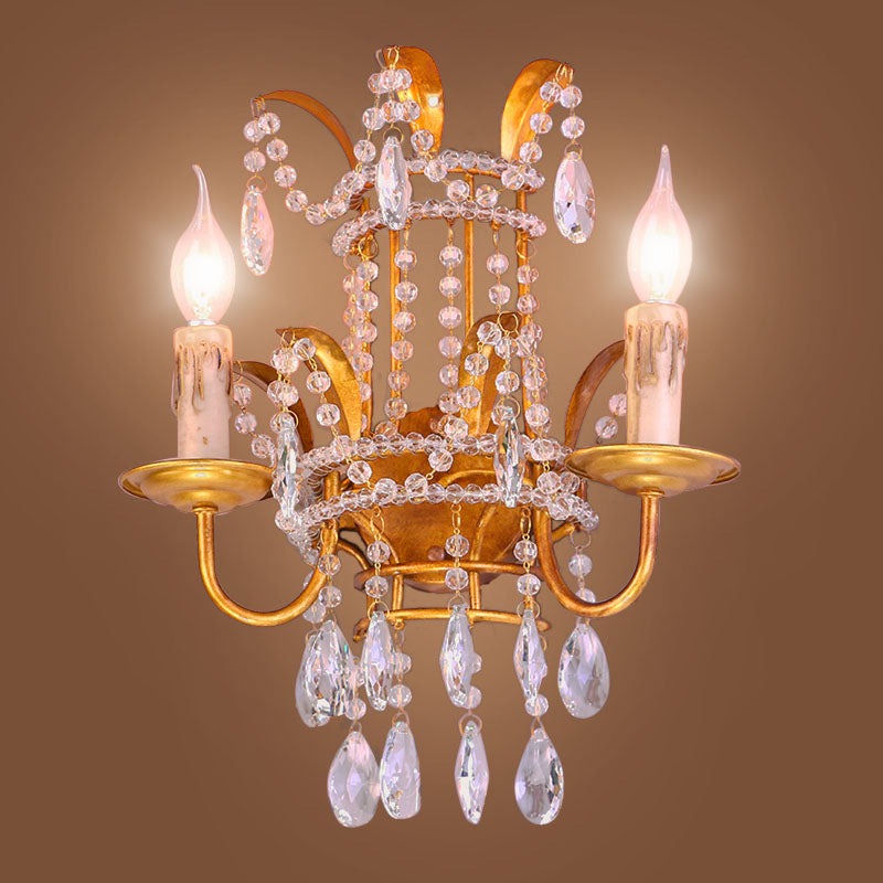 Candle Corridor Wall Lighting Vintage Metallic 2 Heads Gold Wall Mount Lamp with Crystal Accents