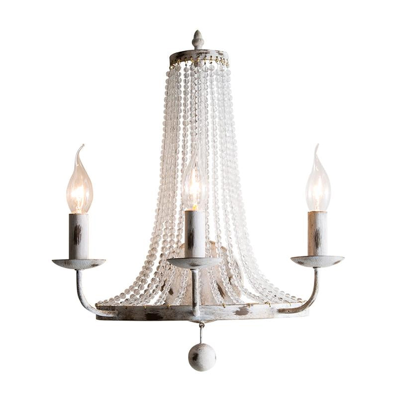 Distressed White 3 Heads Wall Sconce Classic Metal Candle Wall Mounted Light Fixture with Glass Strands