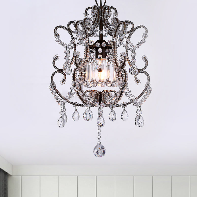 1-Head Lantern Down Lighting Contemporary Beveled Crystal Suspension Light in Champagne/Coffee with Curvy Arm