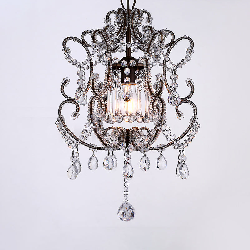 1-Head Lantern Down Lighting Contemporary Beveled Crystal Suspension Light in Champagne/Coffee with Curvy Arm