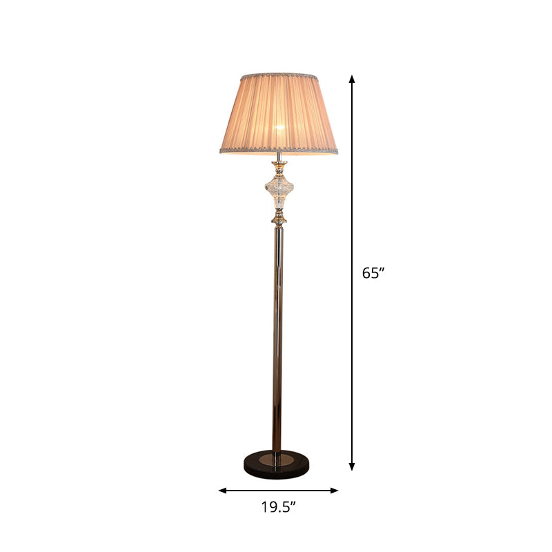 Modern Rhombus-Like Floor Lamp Clear Crystal 1 Head Parlor Standing Light in Champagne with Cone Fabric Shade