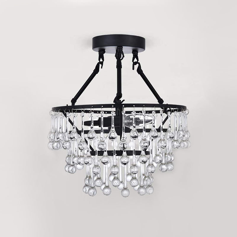 Contemporary 2 Lights Ceiling Fixture with Crystal Drip Shade Black 3-Tier Semi Flush Chandelier