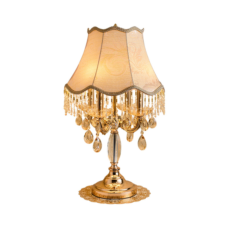 1 Bulb Night Lighting Traditional Flared Fabric Shade Table Light in Gold with Clear Crystal Draping