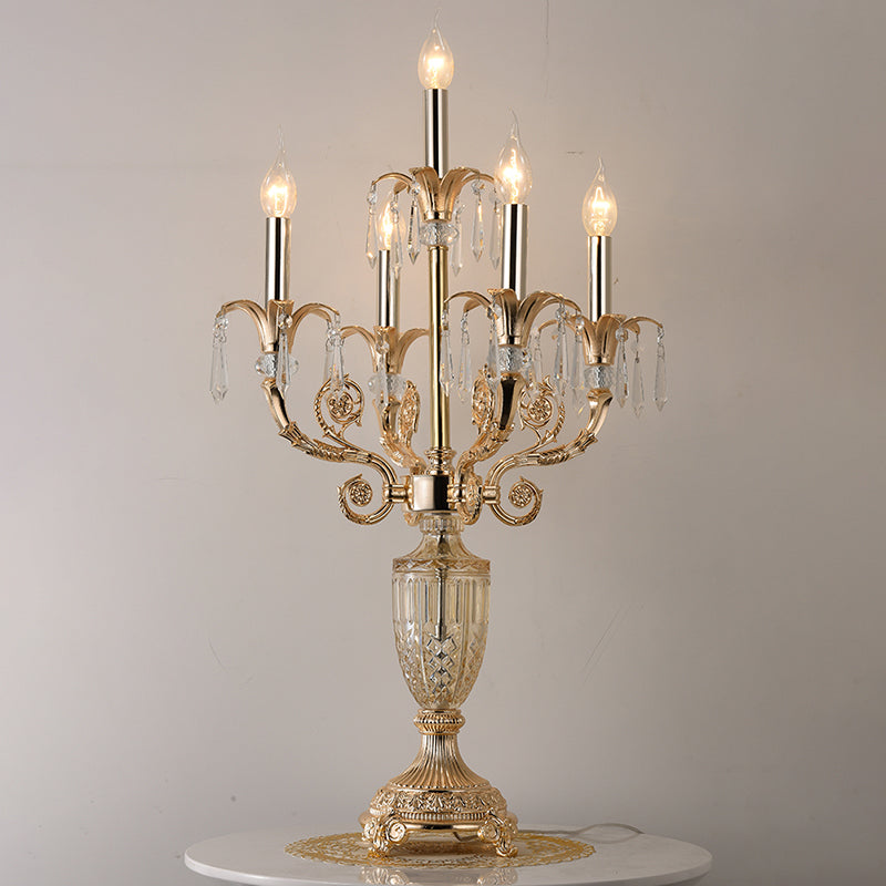 5 Lampenkristall Speere Tisch Leuchtt traditionelle Gold Candlestick Parlour Nachttischlampe mit/ohne Stoff Glocke Schatten