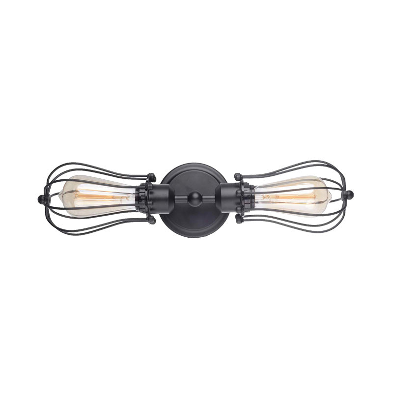 Caged Metal Wall Mounted Industrial 2-Bulb Dining Room Sconce Lighting in Matte Black