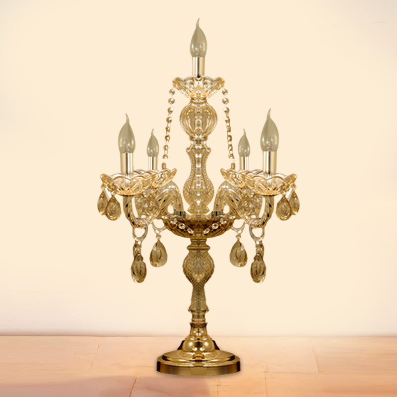 5/6 têtes Candelabra Table Light Traditional Gold Crystal Droplets Tablette de nuit avec / Sans nuance de tissu de cloche blanche