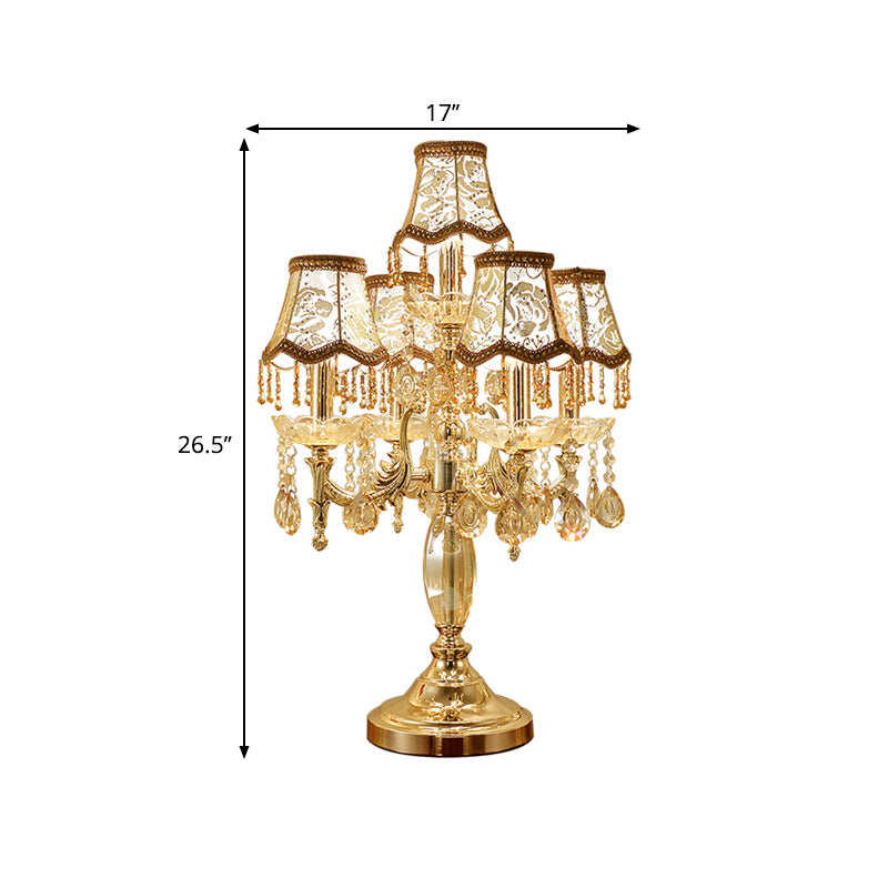 5 Heads Candle Nightstand Lamp Traditional Gold Crystal Draping Table Light with Peony-Patterned Shade
