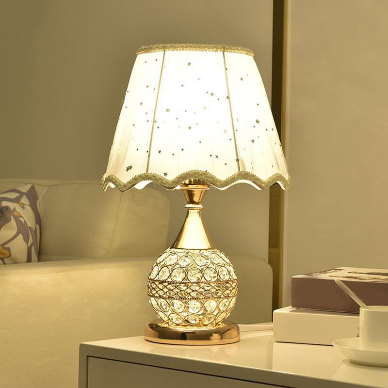 Crystal Embedded Gold Nightstand Lamp Sphere Framed 1 Bulb Traditional Table Light with Star-Patterned Shade