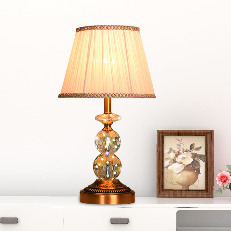 1 Bulb Pleated Fabric Night Stand Lamp Traditional Pink and White/Pink/Coffee Cylinder/Tapered Parlor Table Light with Faceted Crystal Orbs