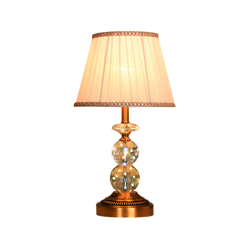 1 Bulb Pleated Fabric Night Stand Lamp Traditional Pink and White/Pink/Coffee Cylinder/Tapered Parlor Table Light with Faceted Crystal Orbs