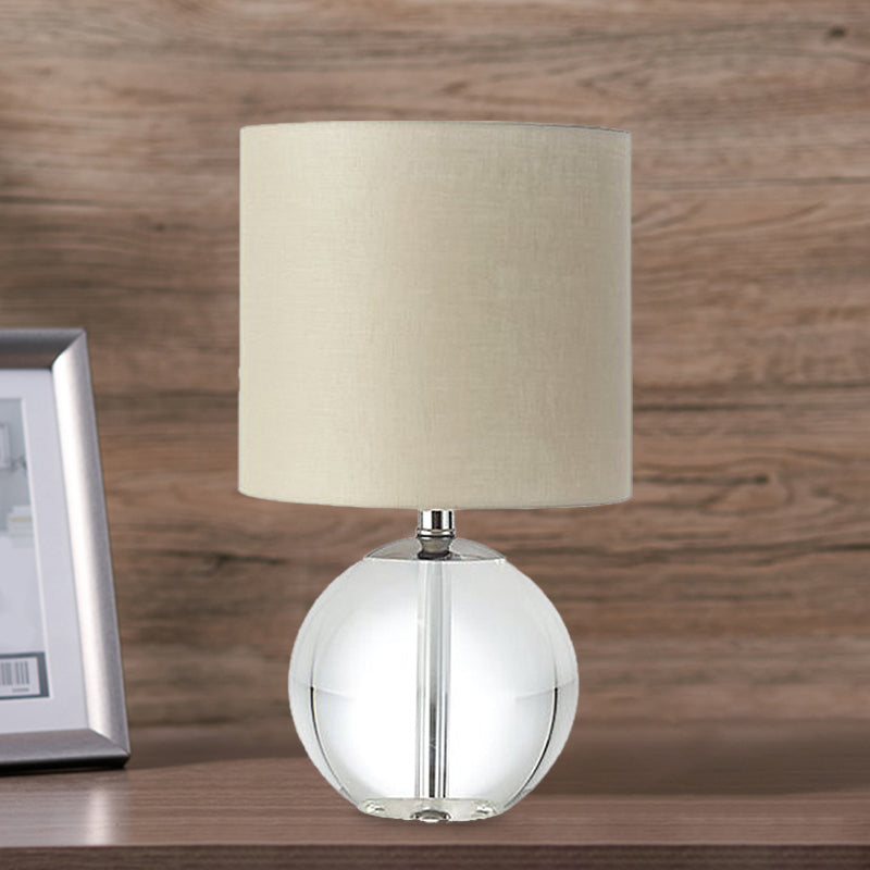 Beige 1 Head Nightstand Lamp Traditional Fabric Cylindrical Shade Table Light with Crystal Spherical Base