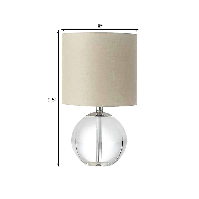 Beige 1 Head Nightstand Lamp Traditional Fabric Cylindrical Shade Table Light with Crystal Spherical Base