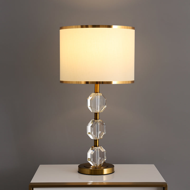 Beveled Crystal Gold Night Table Lamp Spherical 1 Bulb Traditional Fabric Desk Light for Bedroom