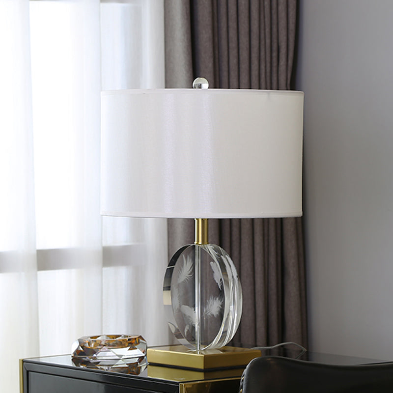 Stof witte tafel licht cilinder tint 1 lamp traditionele nachtstandaard met helder cirkelvormige kristal