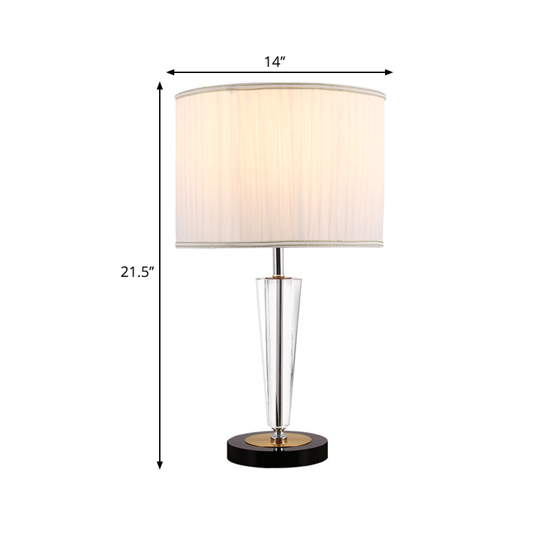 Round Great Room Crystal Nightstand Lamp Traditional Pleated Fabric Drum Shade 1 Head White Table Light