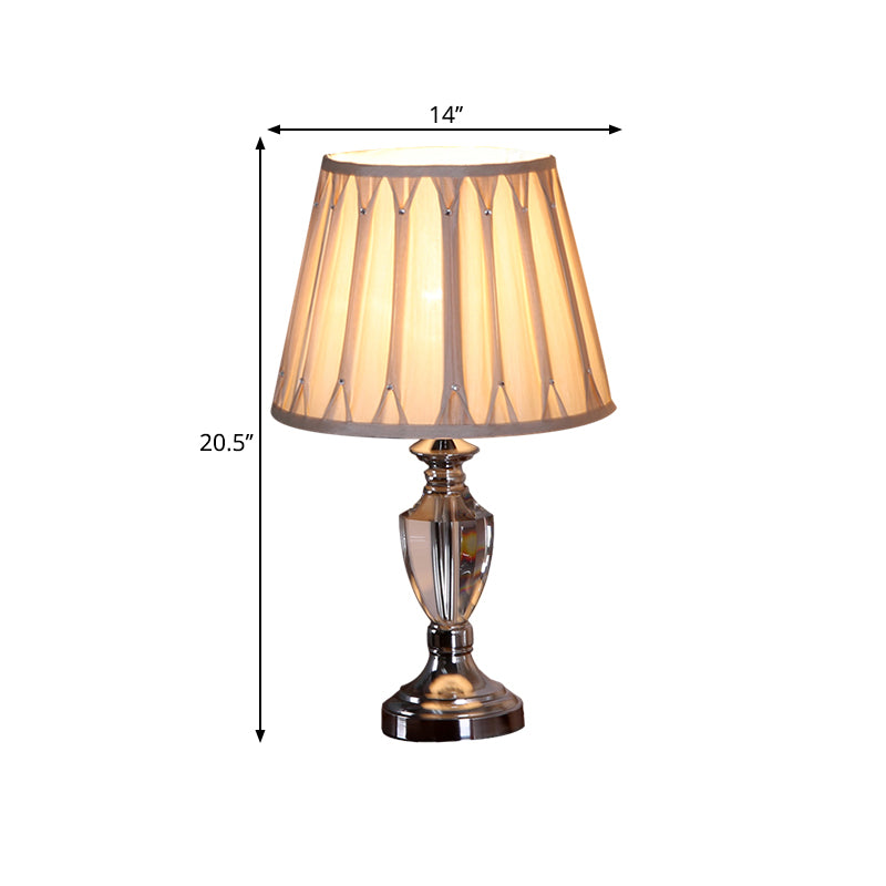 1 Head Barrel Shade Table Light Traditional Beige Pleated Fabric Nightstand Lamp in Chrome with Clear Crystal Base