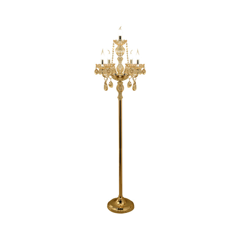 Lámpara de lectura de la sala de velas Cristal transparente tradicional 5/6 bulbos dorado luz de pie con sombra blanca