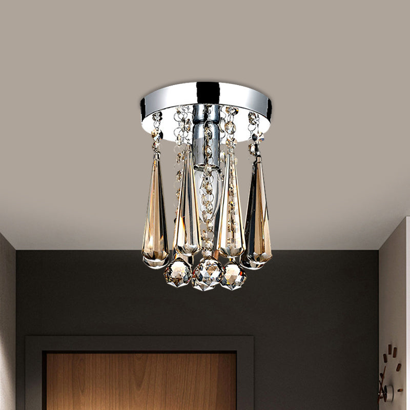 Contemporary Round Canopy Flush Mount 1 Head Cognac/Clear Crystal Droplets Close to Ceiling Lamp
