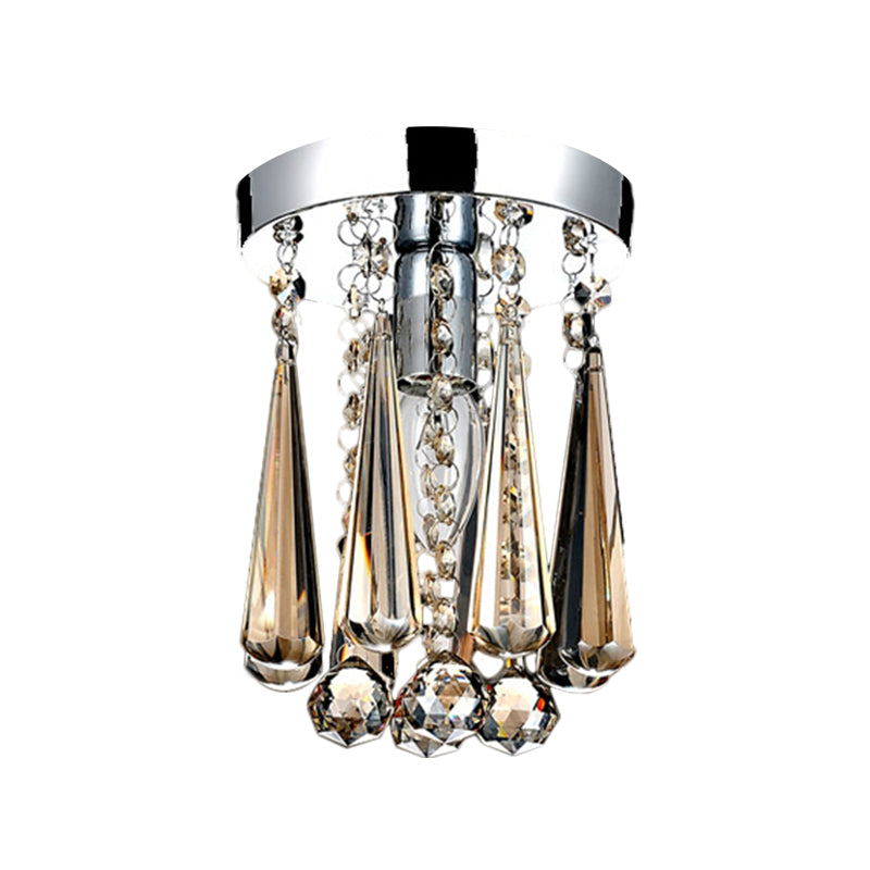 Contemporary Round Canopy Flush Mount 1 Head Cognac/Clear Crystal Droplets Close to Ceiling Lamp