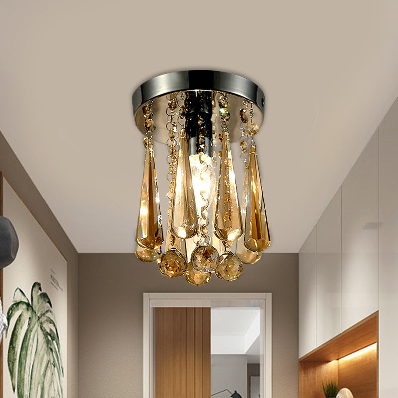 Contemporary Round Canopy Flush Mount 1 Head Cognac/Clear Crystal Droplets Close to Ceiling Lamp