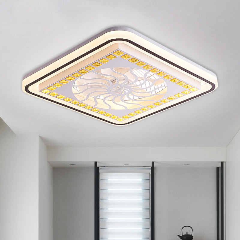 7 Blades LED Square Semi Flush Light Moderne weiße Kristallblöcke Anhängerlüfter, 21,5 "breit