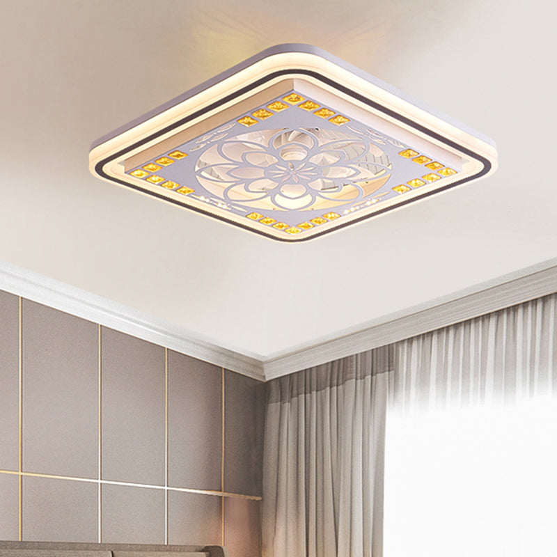 7 Blades LED Square Semi Flush Light Moderne weiße Kristallblöcke Anhängerlüfter, 21,5 "breit