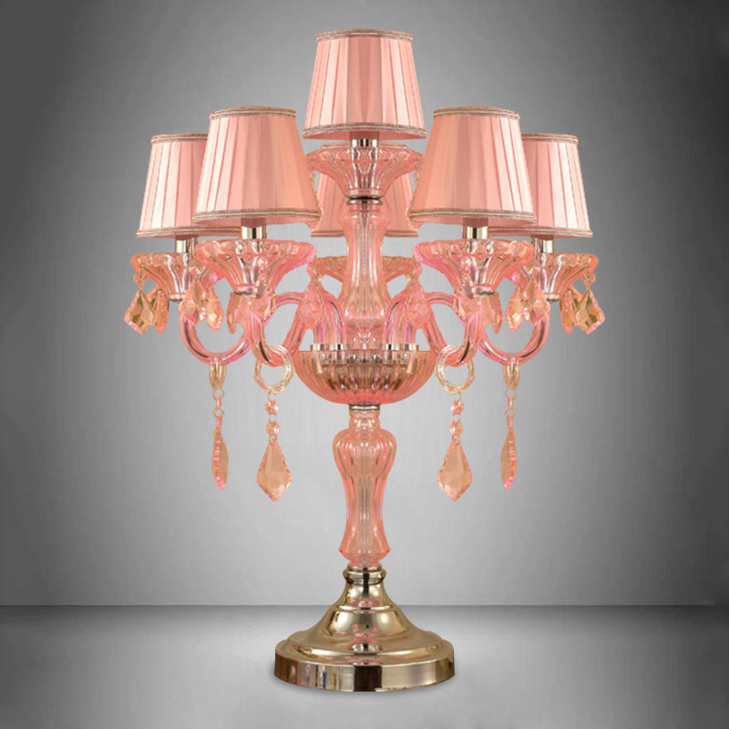 Luz de mesa de dormitorio de velas Luz de cristal tradicional 5/6/7 Bulbos lámpara de mesita de noche rosa con sombra de tela plisada