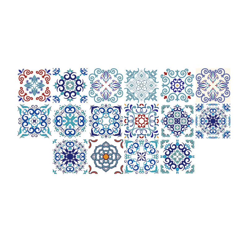 Flower Tiles Wallpaper Panel Set Multicolored Bohemian Wall Covering for Restroom, Adhesive