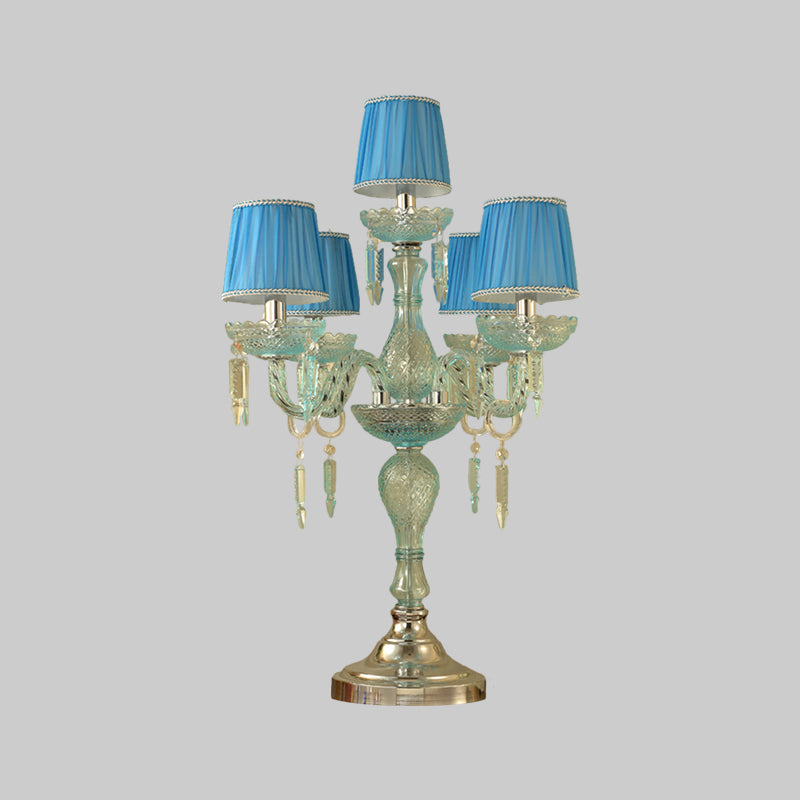 Kristalblauw nachtkastje lamp kandelaar 5/6/7 bollen traditionele slaapkamer tafellicht met vat stof schaduw