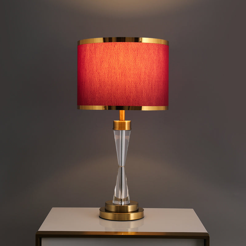 Fabric Shade Red Table Light Round 1 Head Traditional Crystal Night Stand Lamp for Living Room