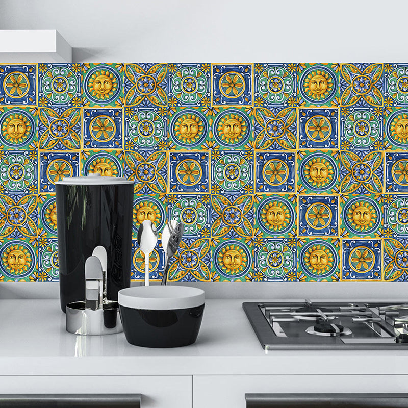 Boho Egyptian Tribal Pattern Wallpapers Green Sun and Flower Self-Sticking Wall Decor, 10 Pieces