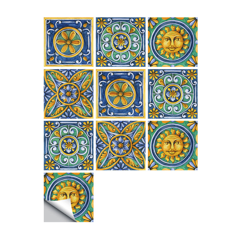 Boho Egyptian Tribal Pattern Wallpapers Green Sun and Flower Self-Sticking Wall Decor, 10 Pieces