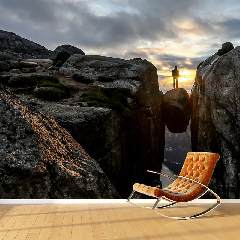 Man Between Mountain Gaps Mural Brown Modern Wall Art for Living Room, Made to Measure