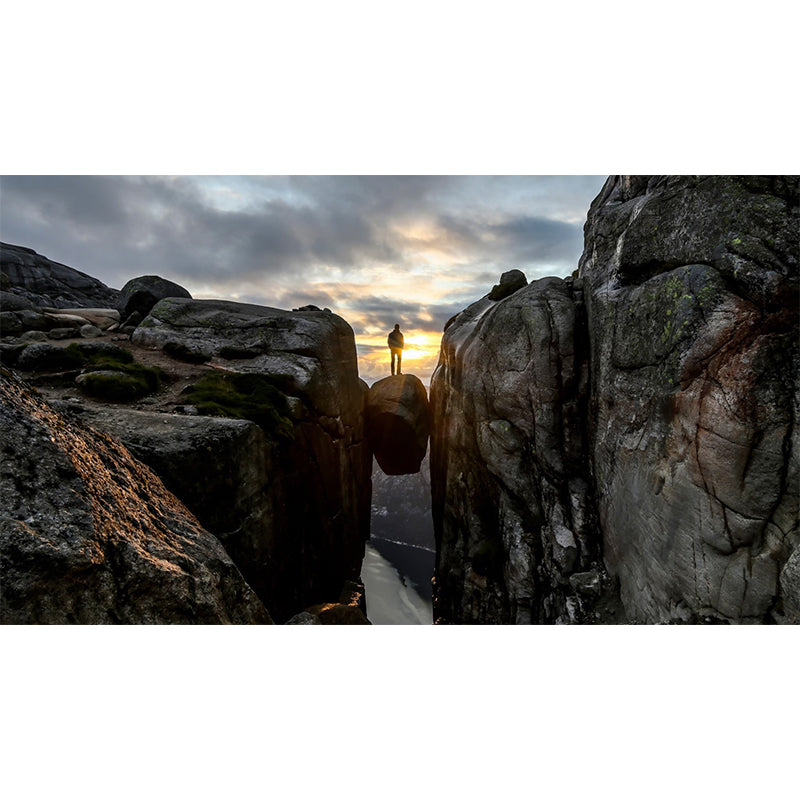 Man Between Mountain Gaps Mural Brown Modern Wall Art for Living Room, Made to Measure