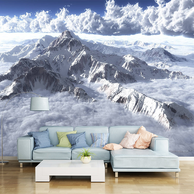 Mountain and Cloud Sea Mural Modern Non-Woven Fabric Wall Decor in White for Home