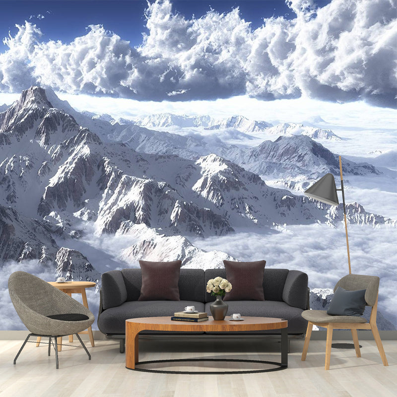 Mountain and Cloud Sea Mural Modern Non-Woven Fabric Wall Decor in White for Home