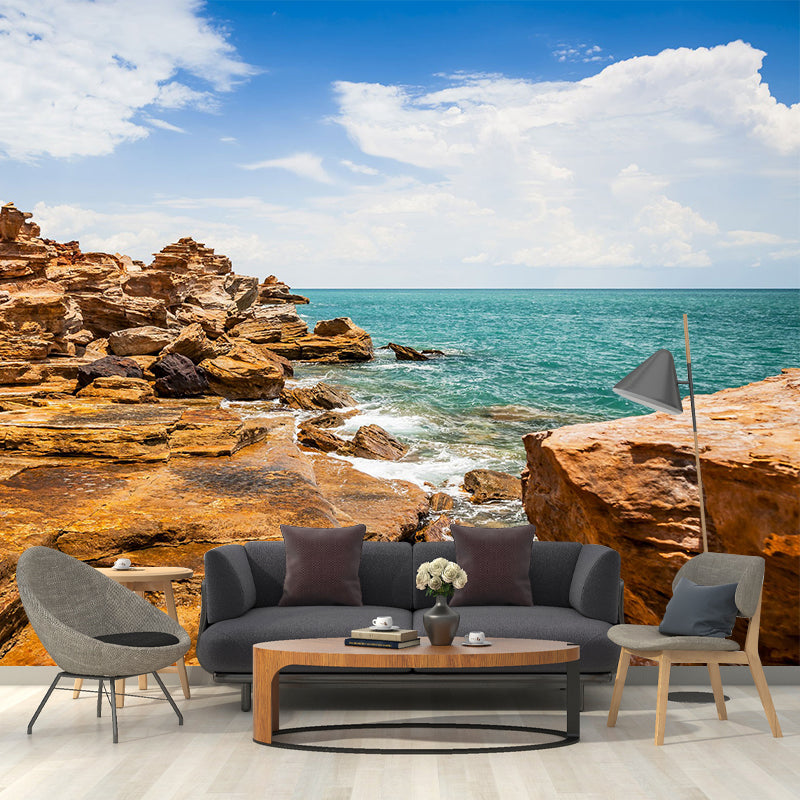 Modern Sunny Rock Seashore Mural for Accent Wall Custom Wall Decoration in Brown