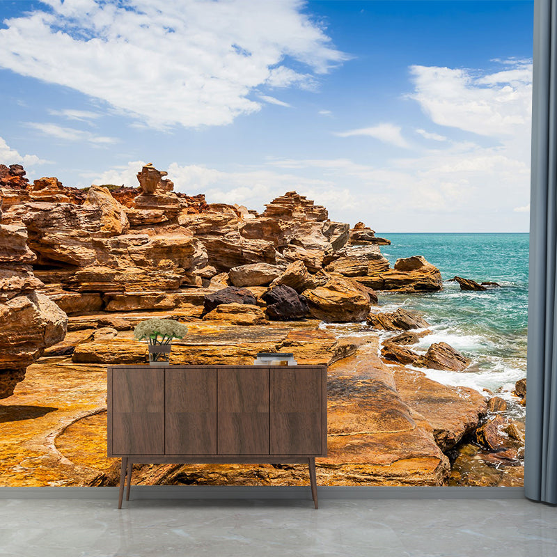 Modern Sunny Rock Seashore Mural for Accent Wall Custom Wall Decoration in Brown