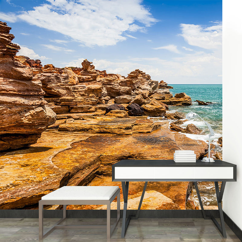 Modern Sunny Rock Seashore Mural for Accent Wall Custom Wall Decoration in Brown