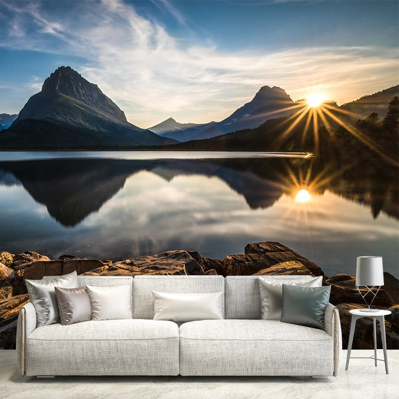 Sunrise Mountain Lake Reflection Mural Brown Modernism Wall Covering for Bedroom