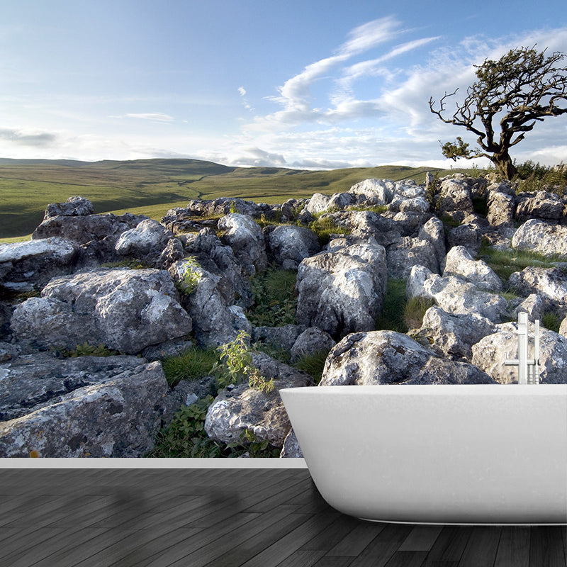 Whole Landscape Mural Decal Modern Fascinating Stone and Leafless Tree Wall Decor in Grey