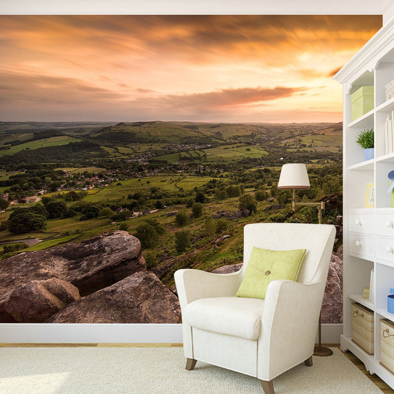 Big Modern Mural Wallpaper Brown Aerial Scenery of Village at Mountain Foot Wall Covering, Made to Measure