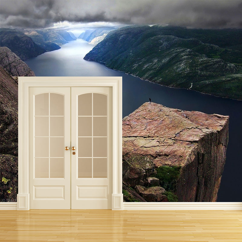 Giant River Mountain Mural Decal Brown Non-Woven Wall Art, Moisture Resistant, Custom Printed