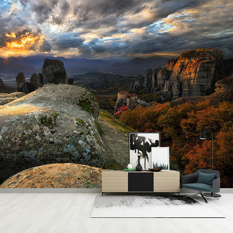 Brown Modern Wallpaper Mural Huge Sunset View from Mountain Peak Wall Covering for Bedroom