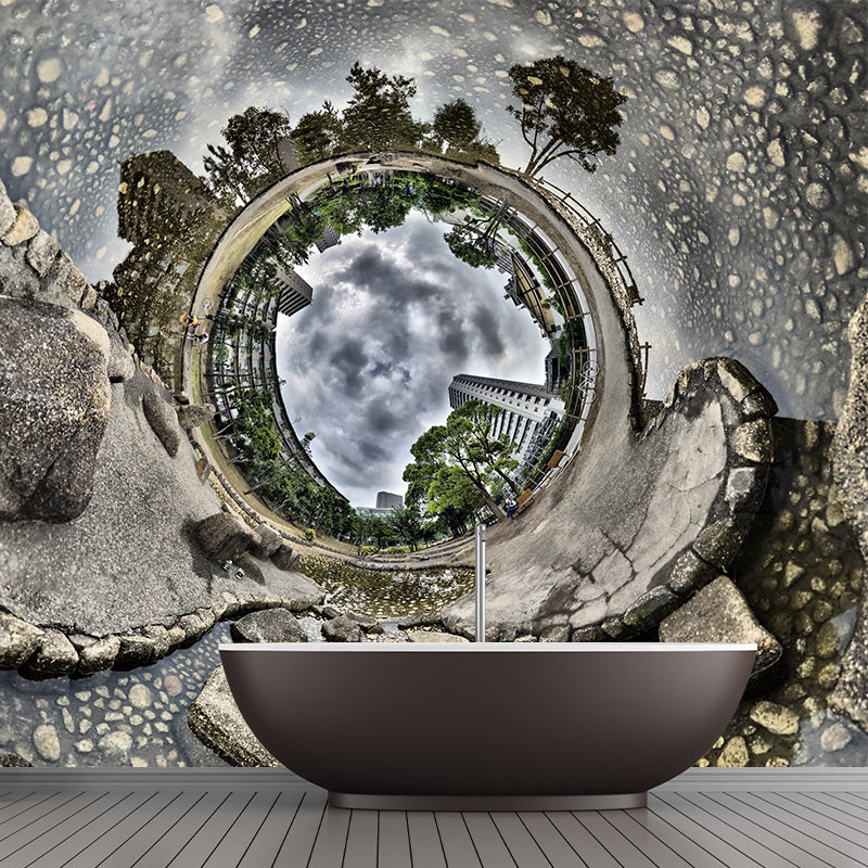 Well to Future City Mural Brown Modern Style Wall Art for Living Room, Made to Measure