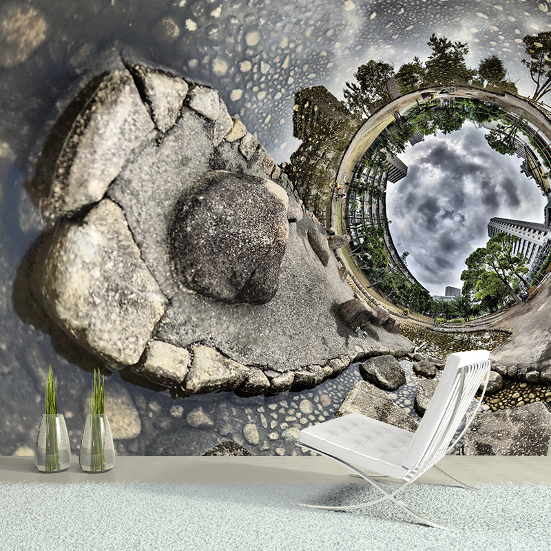 Well to Future City Mural Brown Modern Style Wall Art for Living Room, Made to Measure